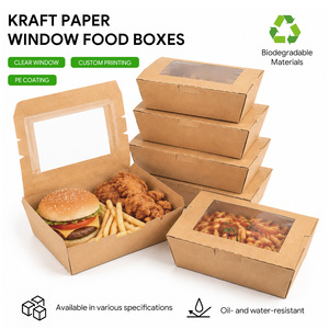 Disposable Hinged Kraft Paper Box with PE Window for Sandwich Salad Burger