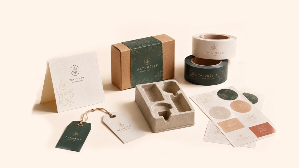 Custom packaging accessories array including stickers, hang tags, inserts, and packaging sleeves